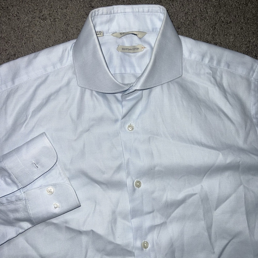 SUITSUPPLY Thomas Mason Blue Button Down Shirt Slim Fit 40 Long 15 1/2